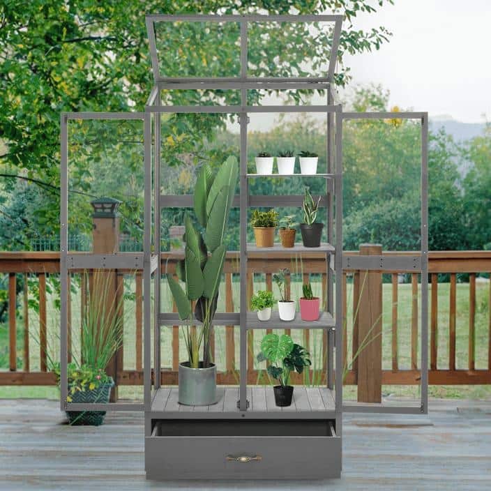 MCombo Cold Frame Greenhouse with Drawer and Shelves, Wood 0864
