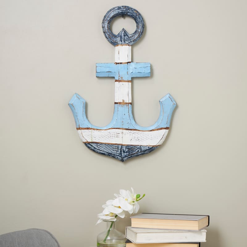 Blue Wood Distressed Anchor Home Wall Decor with Brown and Cream Accents - Blue