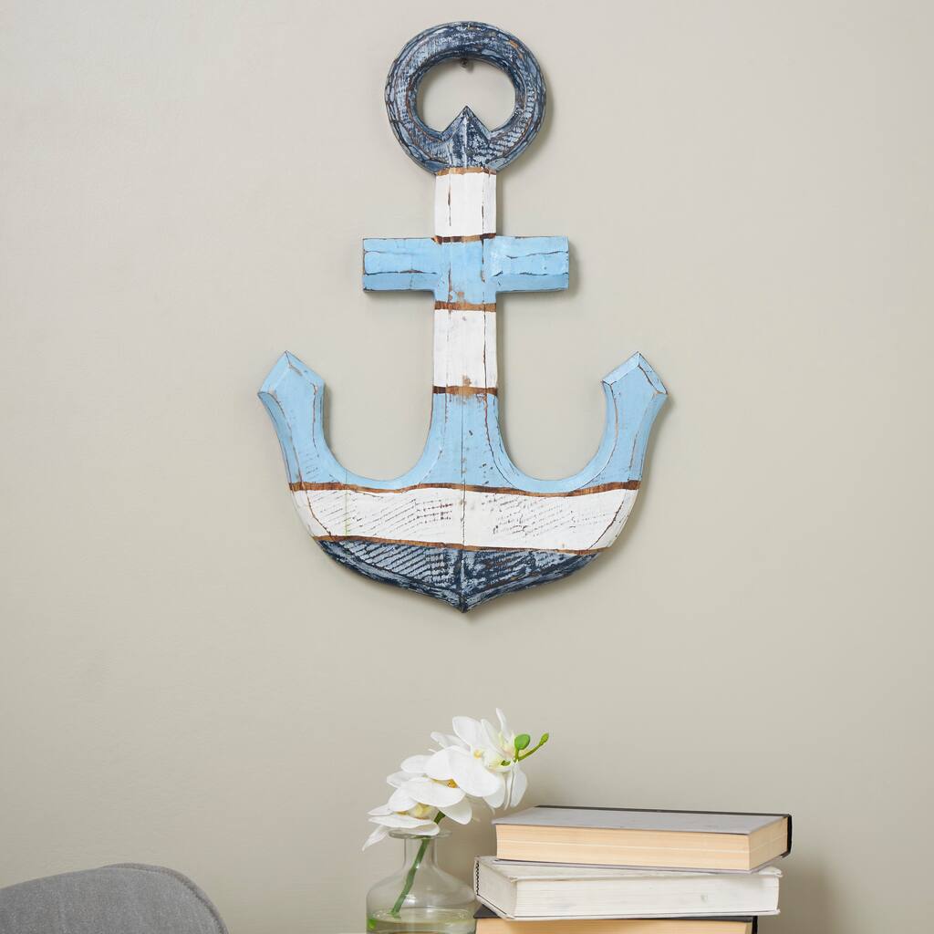 Blue Wood Distressed Anchor Home Wall Decor with Brown and Cream Accents