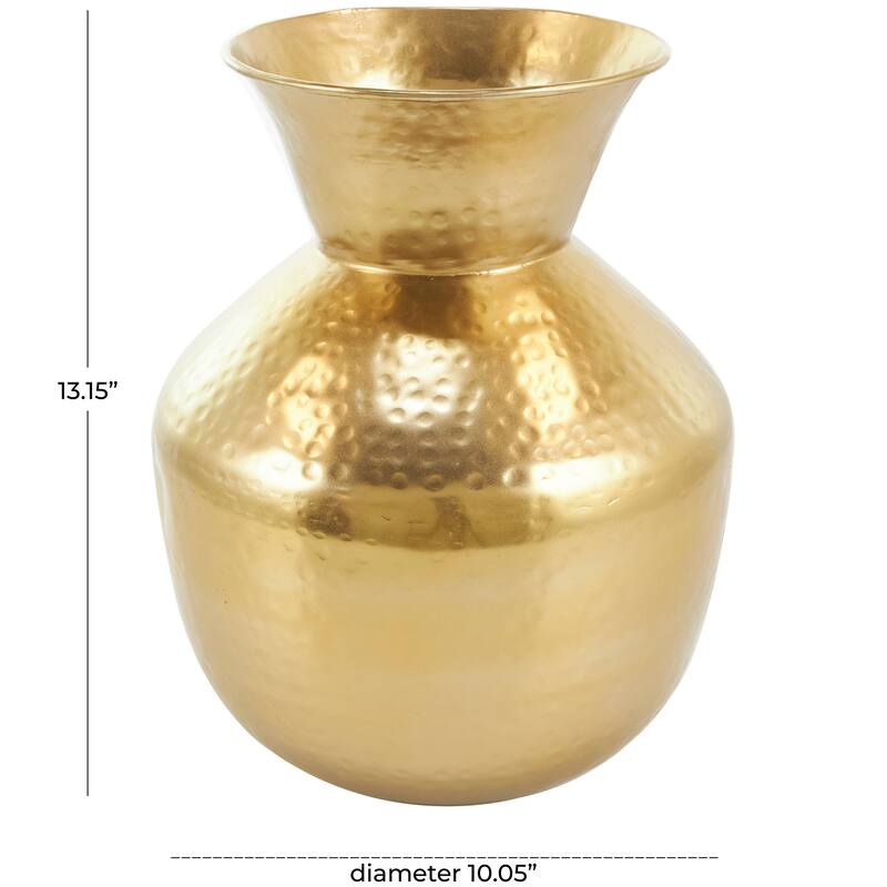 Gold Metal Hammered Spotted Decorative Vase with Fluted Top