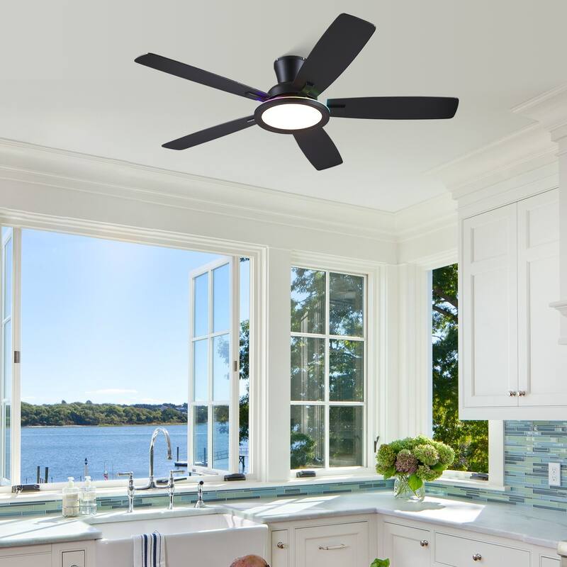 52/54 Inch Flush Mount Low Profile Ceiling Fan with Light,Remote and App Control