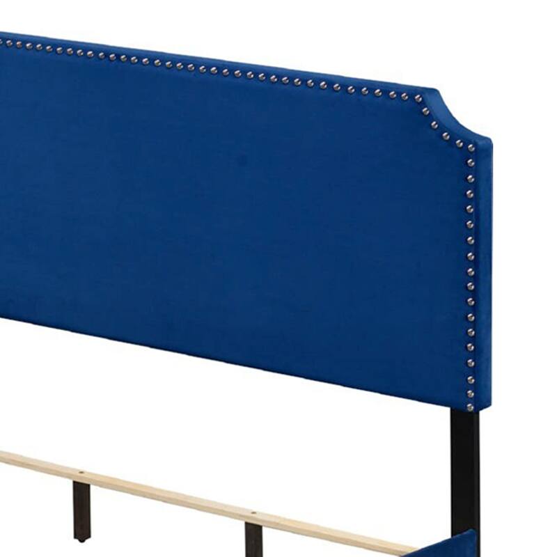 Queen Bed with Platform Style and Nailhead Trim, Blue