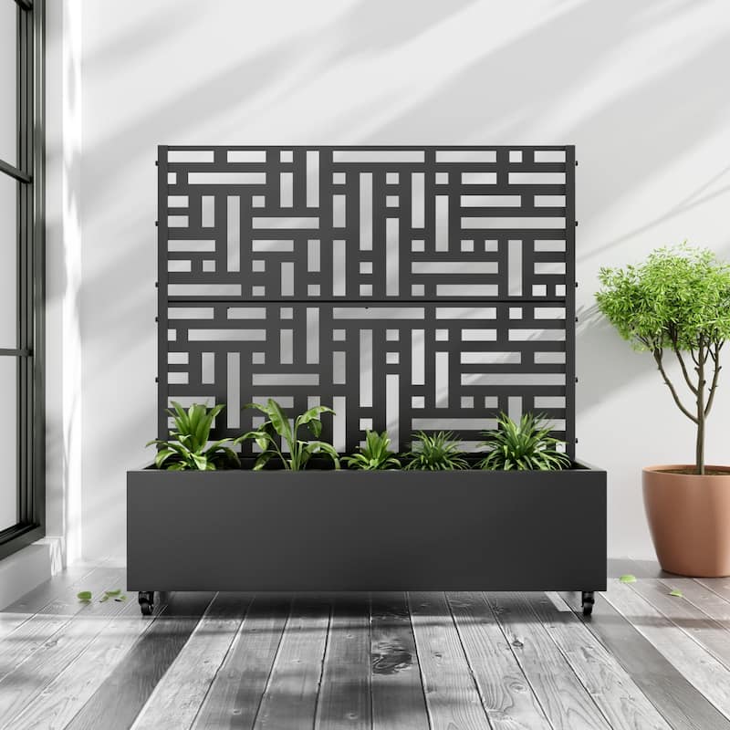 Metal Movable Planter Box with Trellis Privacy Screen Planter Box with Lockable Wheels - Black2