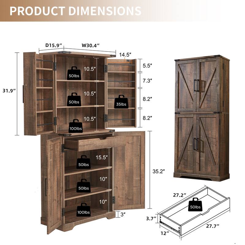 Farmhouse Wood Pantry Cabinet with Barn Doors, Adjustable Shelves