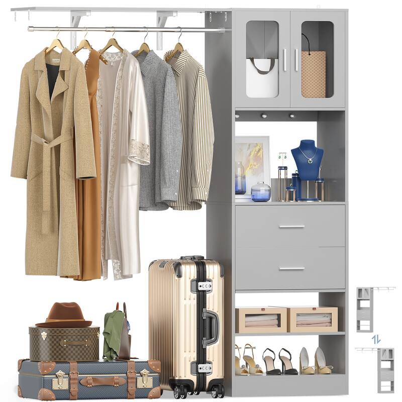 Rackcog Closet System with Doors and Drawers, Storage Organizer with DIY Shelving for Walk-in Closet