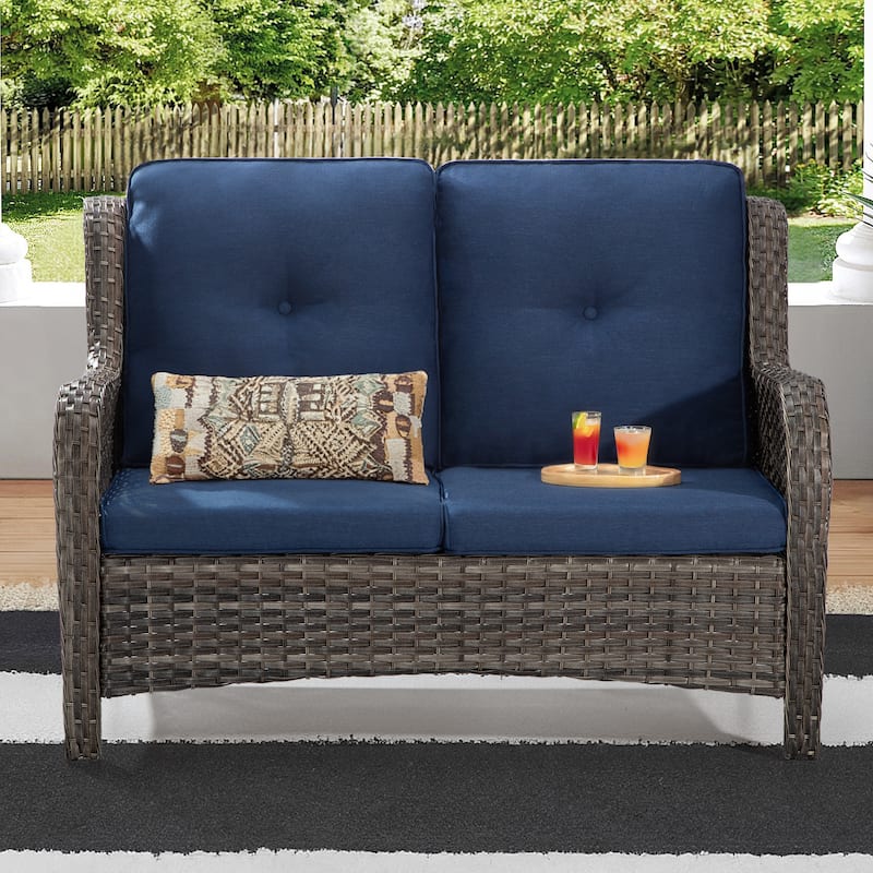 Cozywor Brown Wicker Outdoor Patio Loveseat with Cushions - Blue