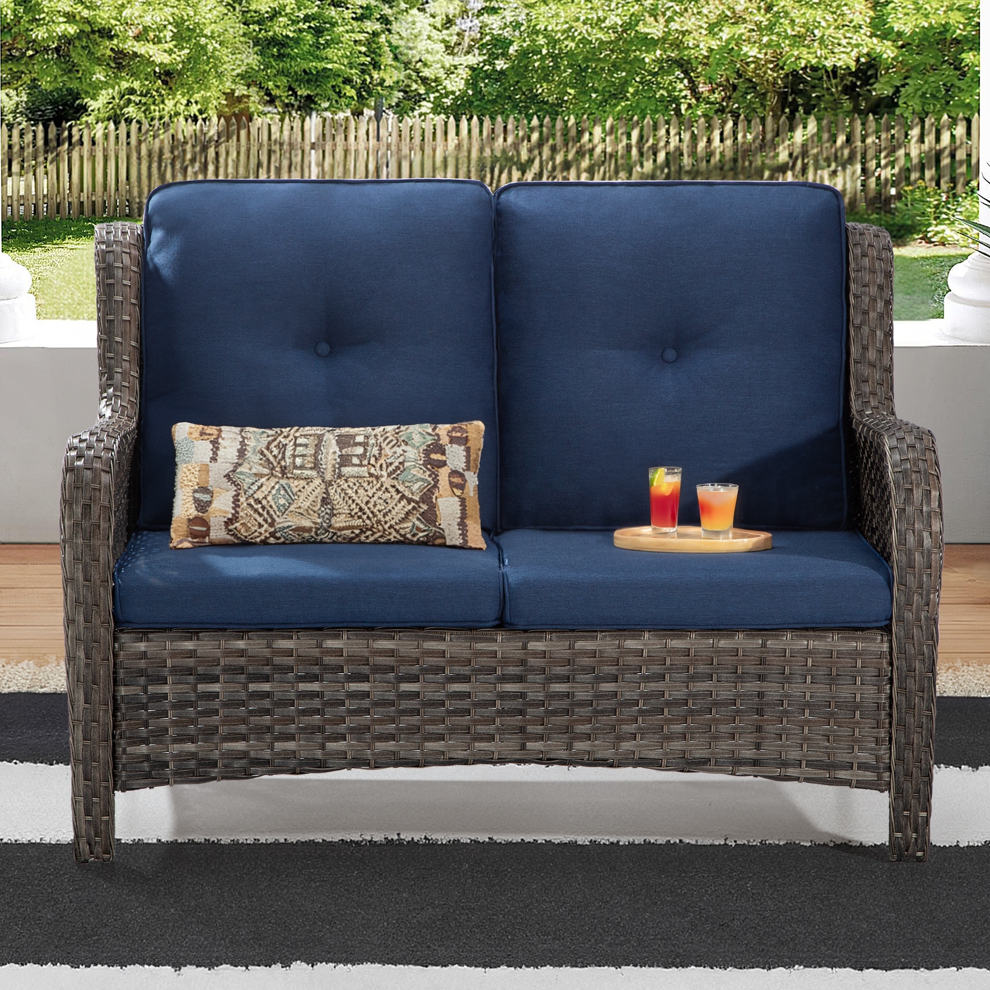Cozywor Brown Wicker Outdoor Patio Loveseat with Cushions