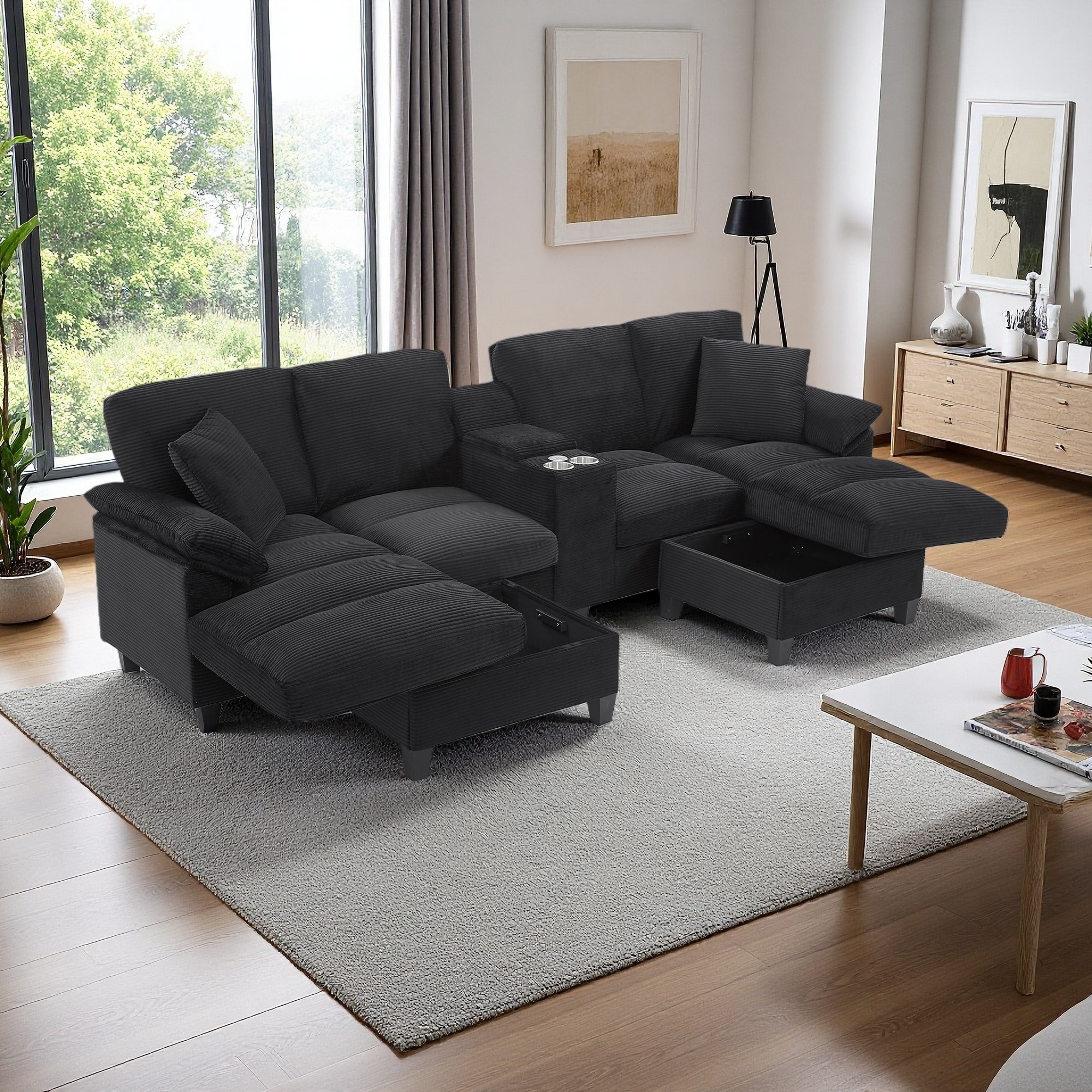 116.9'' Corduroy U-Shaped Sectional Sofa with Storage Ottomans, Cup Holders and USB Ports (4-Seater)