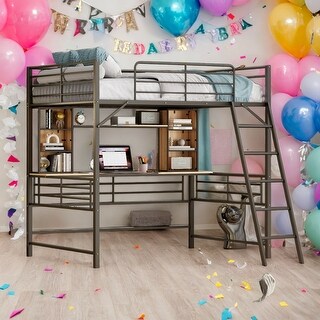 Full Size Loft Bed with Desk, Metal Bed with Ladder and Storage Shelves