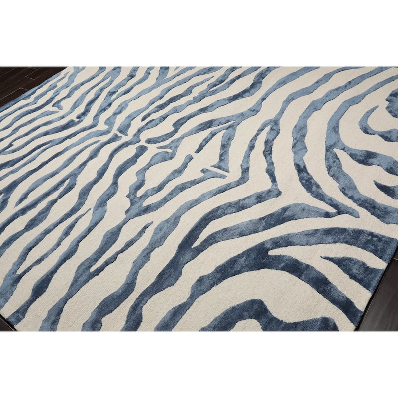 Hand Made Wool & Faux Silk Animal Print Modern Oriental Area Rug Blue