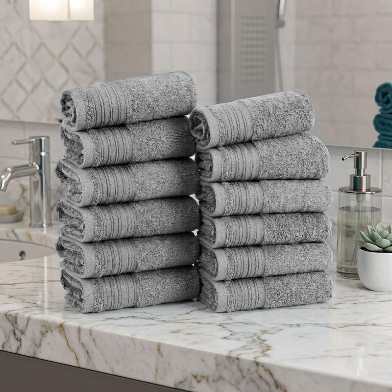 Superior Solid 12-Piece Cotton Face Towel Set Quick-Dry Washcloths for Vanity and Bath