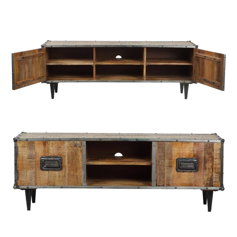 ExBrite Solid Wood Media Console 2 Doors Back Black Metal Legs for TV Table Bench Stand,Rich Rustic Oak Finish