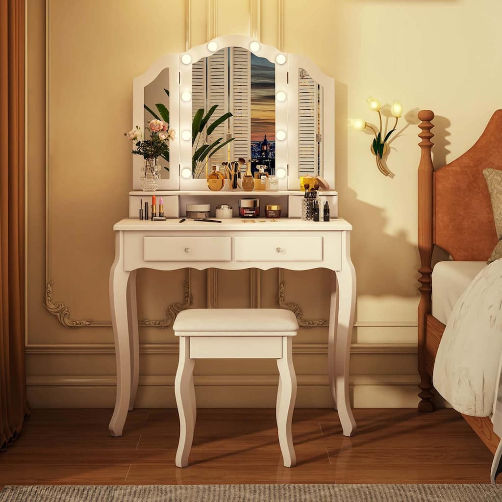 Costway Makeup Vanity Set with Tri-Fold Mirror & LED Lights 4 Drawers - See Details