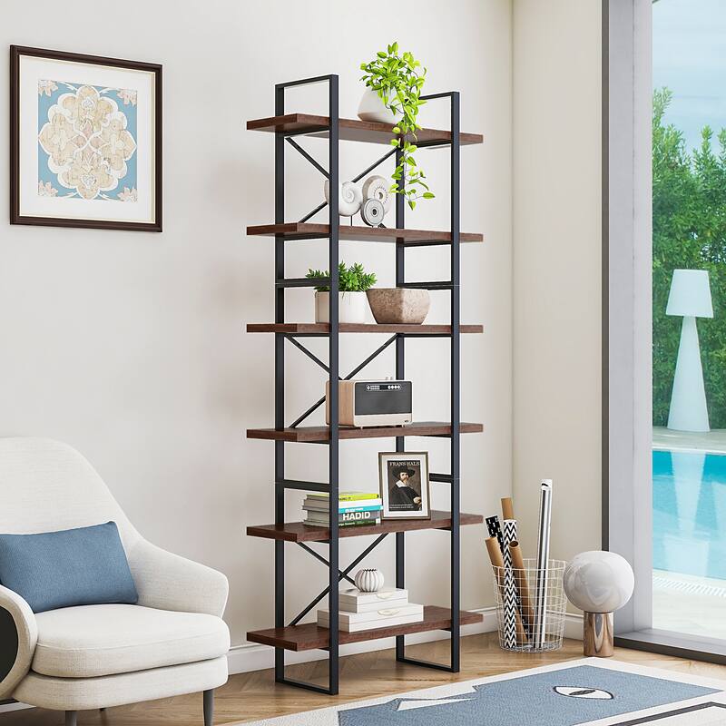 DAVEE 6-Tier Antique Waln ut Display and Etagere Bookshelves - 85.83" H x 35" W x 12.52" D - 85.83" H x 35" W x 12.52" D - Antigue Wood