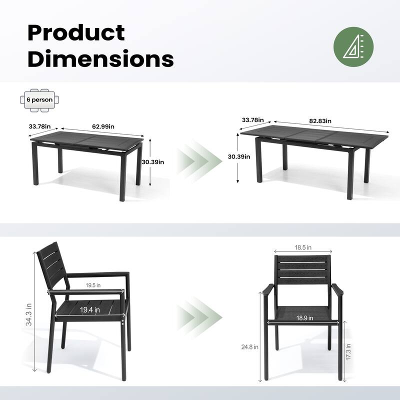 7PC Pellebant Outdoor Patio Aluminum Expandable Dining Table WPC Top with Stackable Armchairs