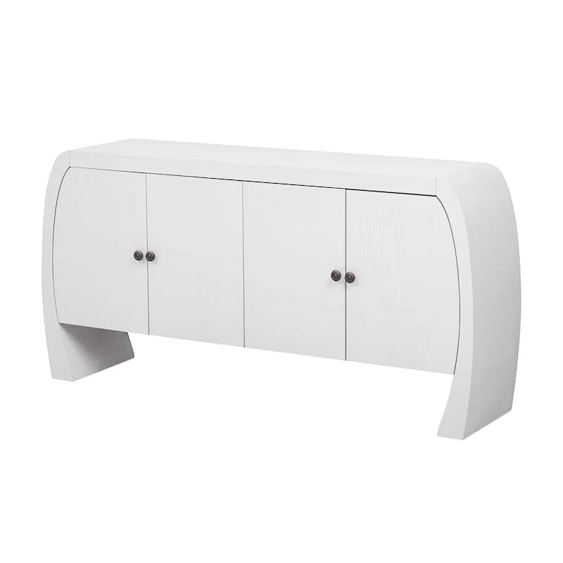 58.6" MDF Vintage 4-DoorConsole Tables - Ash Veneer with Antique Brass Handles & Curved Arc Legs
