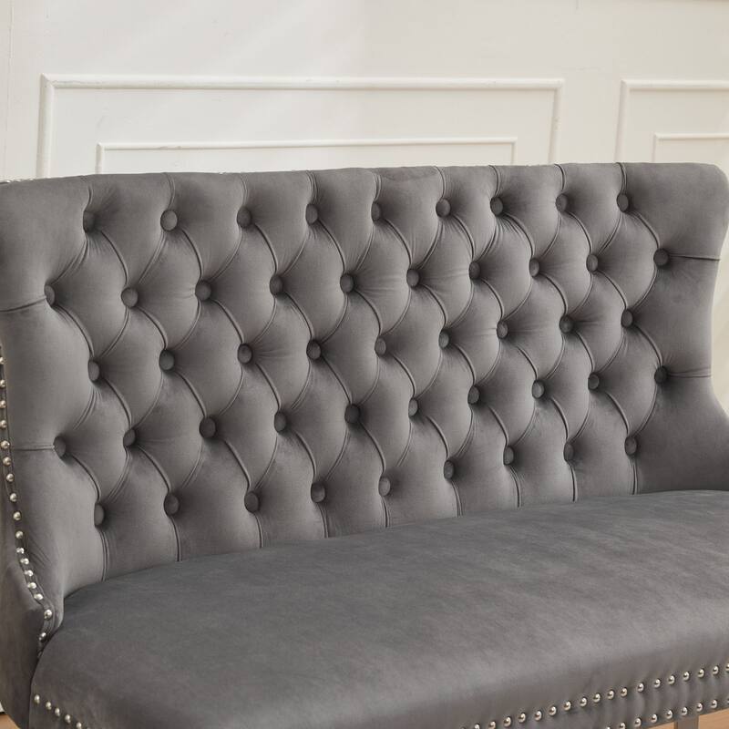 Velvet Double Dining Loveseat Bench, 2-Seat Tufted Bench w/Handmade Buttons, Wing Back, Gold-Plated Steel Legs, Single Pack