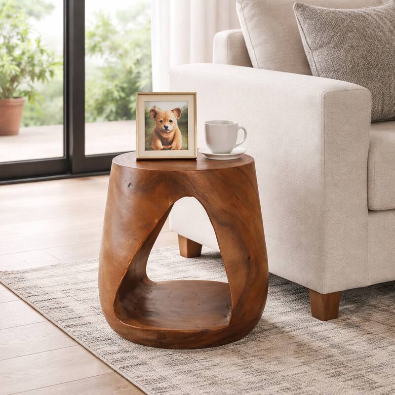 Side Table - Wood Modern Hollow Center Design - Brown, 18" - 18.0"