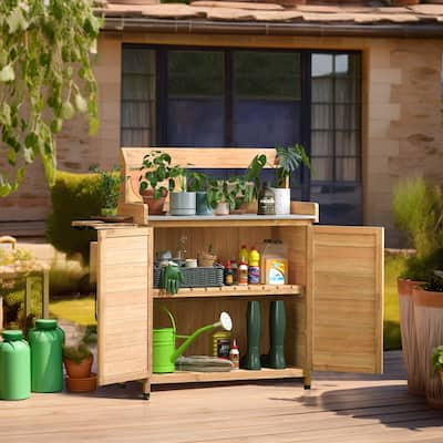 Moasis 47.4″H All Weather Outdoor Potting Bench Table Wooden Storage Cabinet with Foldable Pallet and Removable Plate