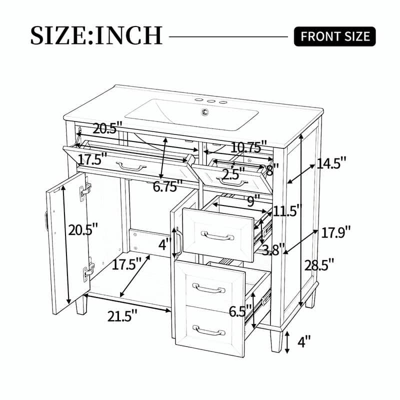 36 Inch Bathroom Vanity with Ceramic Sink, Modern Wood Grain Cabinet with Solid Rubberwood Legs, Soft-Close Doors & 4 Drawers