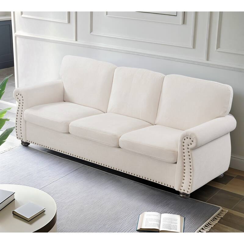 3 Seater Ivory Velvet Sofa with High-Density Foam, Loose Back Cushions and Solid Wood Turned Legs