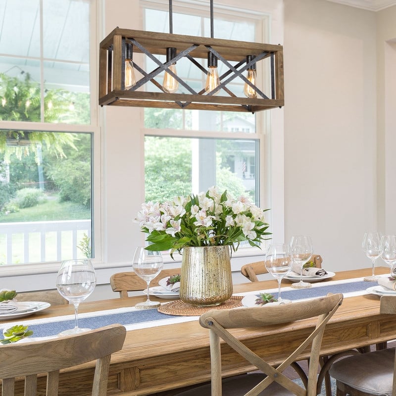 Modern Farmhouse 4-Light Wood Chandelier Linear Kitchen Island Lights for Dining Room - L27.5"*W10"*H 10"