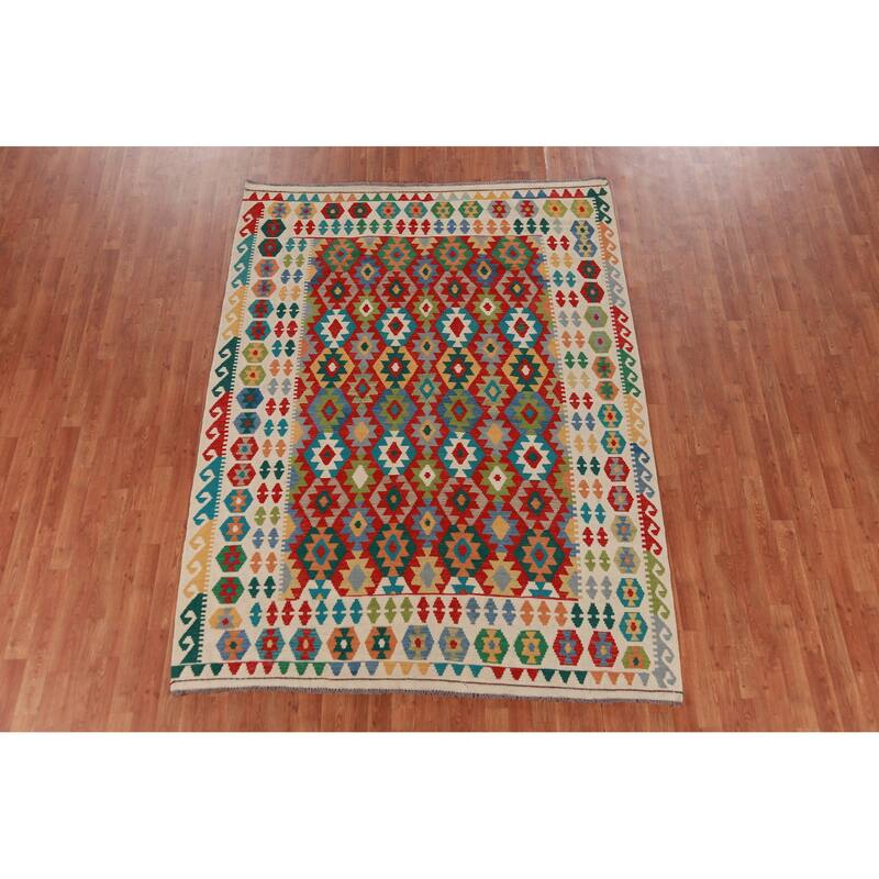 Hand Woven Oriental 100% Wool Carpet Southwestern Geometric Multi-Colored Kilim Area Rug - 8' 4'' X 6' 4''