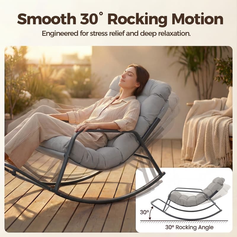 Oversized Papasan Rocking Lounge Chair with Footrest, Heavy-Duty 450lbs Metal Frame, Indoor Outdoor Patio Rocker with Cushion