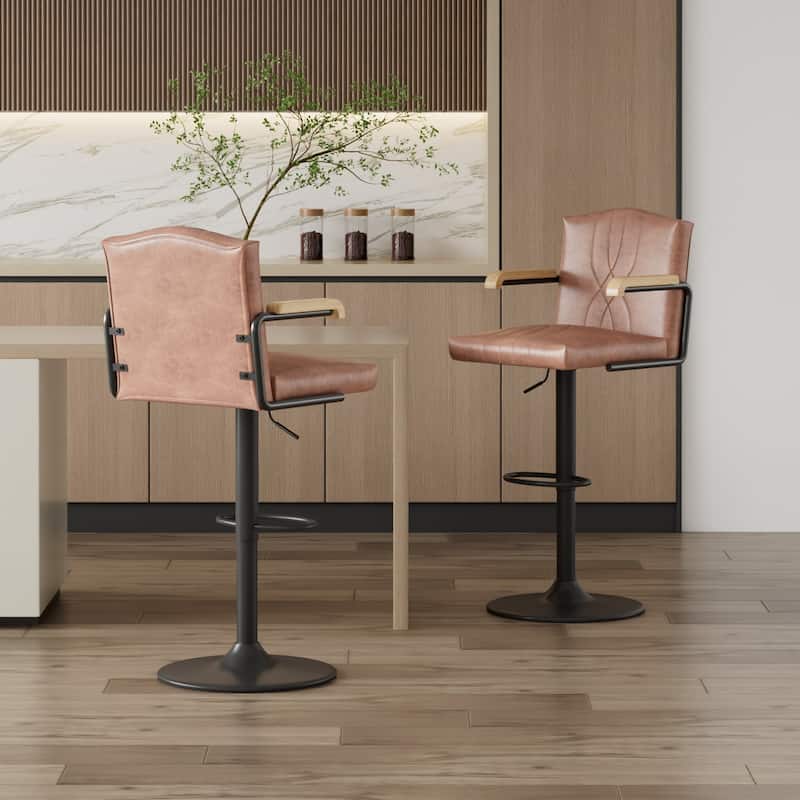 Javlergo 2-Piece & 4-Piece Adjustable Height Bar Chairs Brown PU Leather with Wave Pattern Armrests Black Base with Arc Footrest