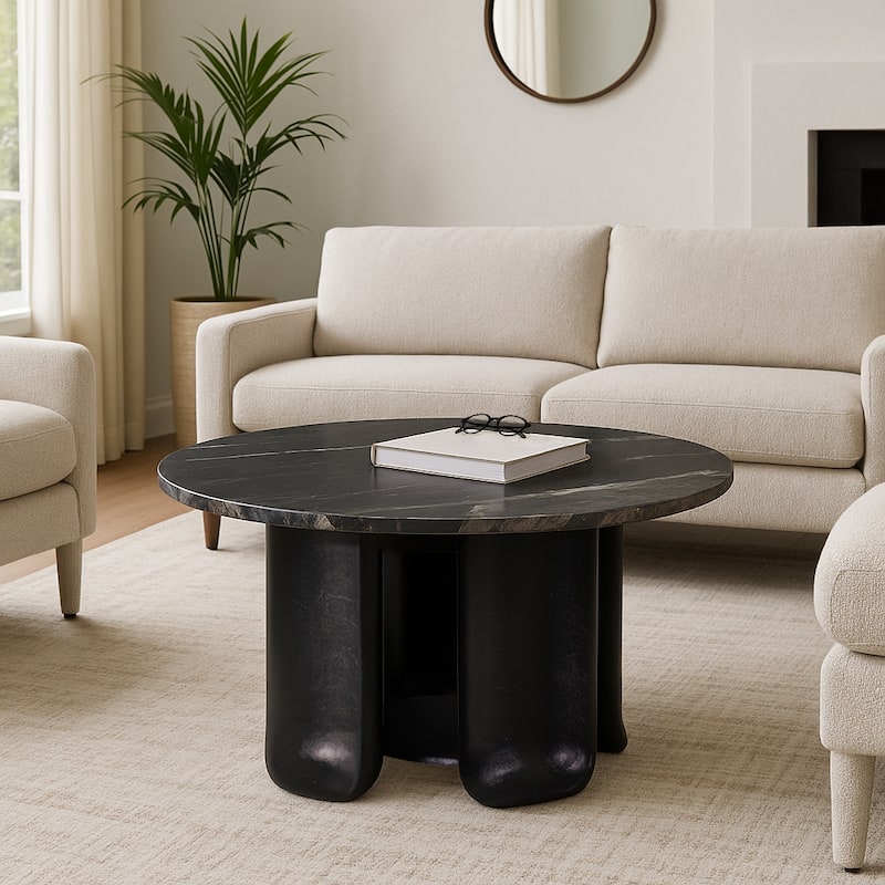 Marble Coffee Table Round Sculptural Pedestal - 30" Black - 30.0"