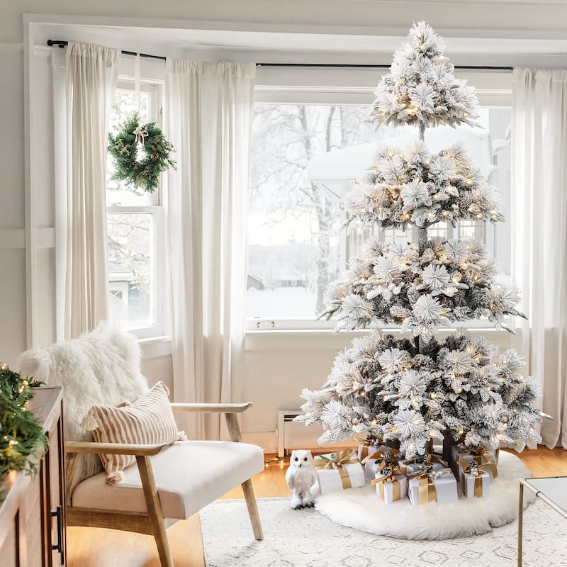 7.5Ft Pre-Lit Hinged Snow Flocked Slender Artificial Pine Christmas Tree - 90" H x 48.8" Diameter