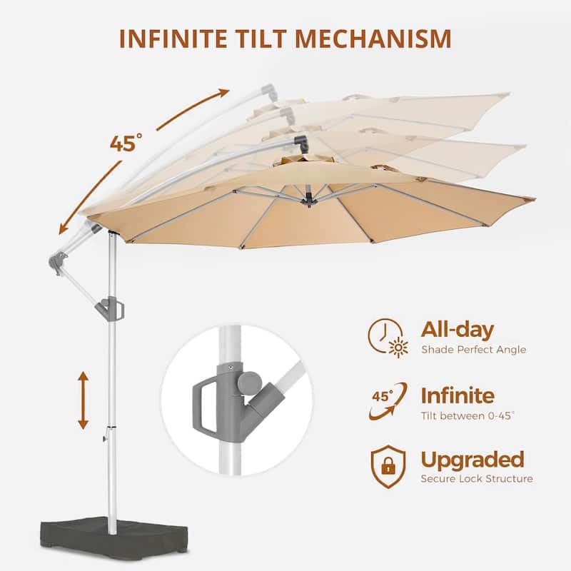 120" Patio Umbrella with Upgraded Aluminum Frame,Cantilever Hanging Market Umbrella with Base Included,UV Resistant