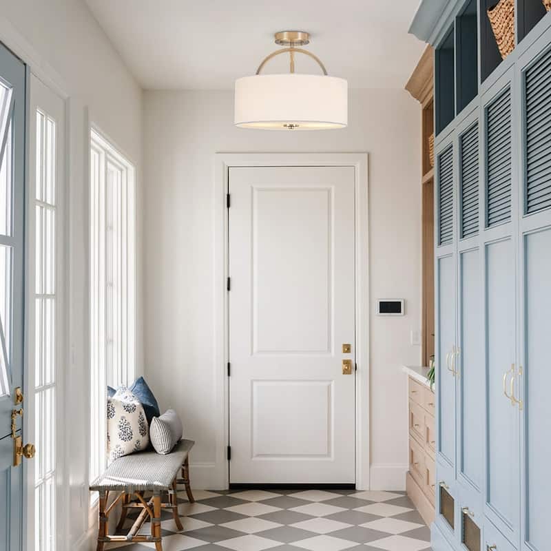 Contemporary 2-Light White Linen Drum Semi Flush Light 15in Wide