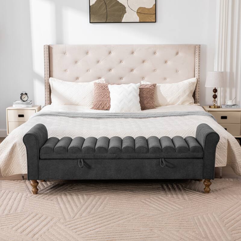 65.55" Storage Ottoman Bench, Bed of End Bench Upholstered Bench with Rolled Armrests