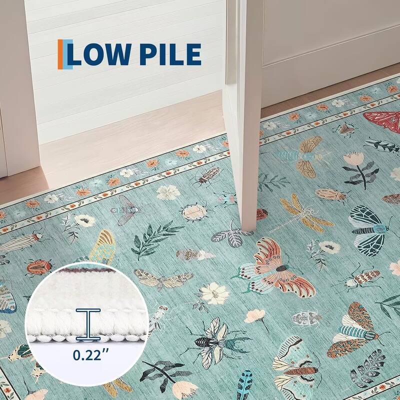 Floral Insect Print Washable Area Rugs for Living Room, Modern Non Slip Low Pile Area Rug