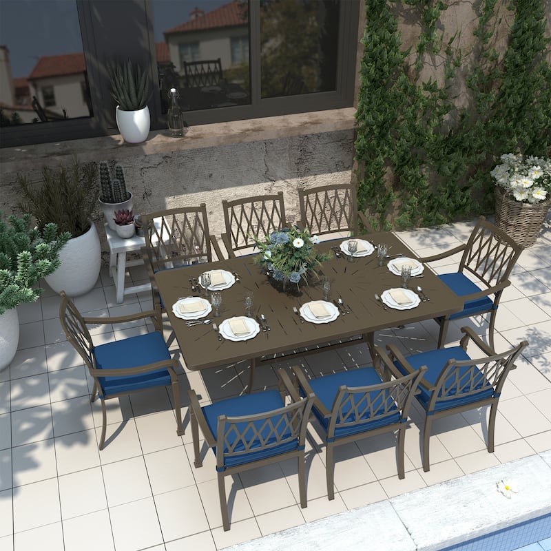 9-Piece Cast Aluminum Patio Dining Set with Cushions - Blue