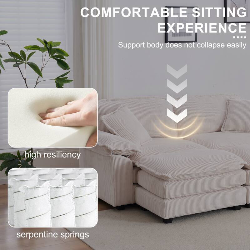 Corduroy Sleeper Sectional Sofa, Loveseat & Ottomans Chaise Lounge Set