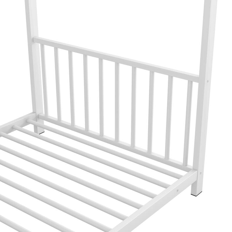 Twin Size White Metal House Platform Bed with Slat Kit, Easy Assembly