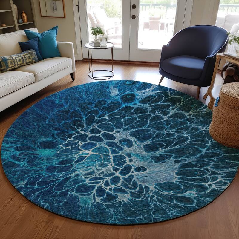 Machine Washable Indoor/ Outdoor Chantille Modern Floral Rug - Navy - 8' x 8'