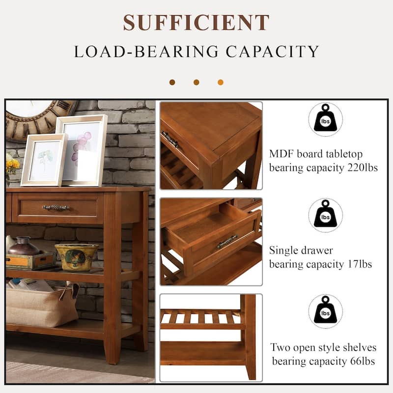 Mid-Century Style Console Sofa Table Solid Wood Buffet Sideboard with 2 Storage Drawers and 2 Tiers Shelves