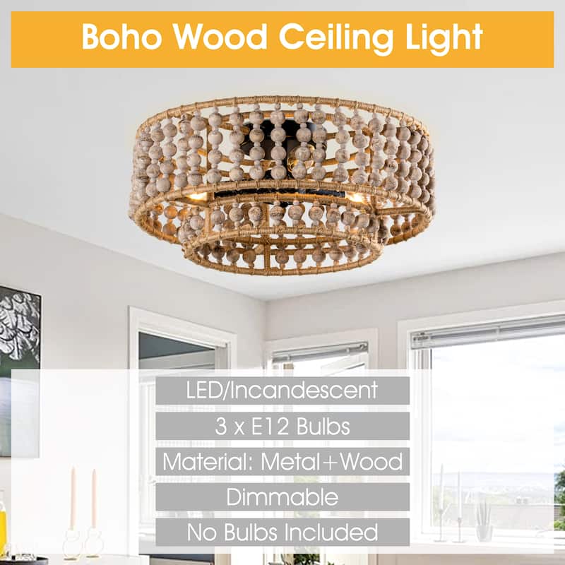 Bohemia 3-Light Antique White Two-Tier Hand-Beaded Drum Flush Mount Ceiling Light - 15.75-in W