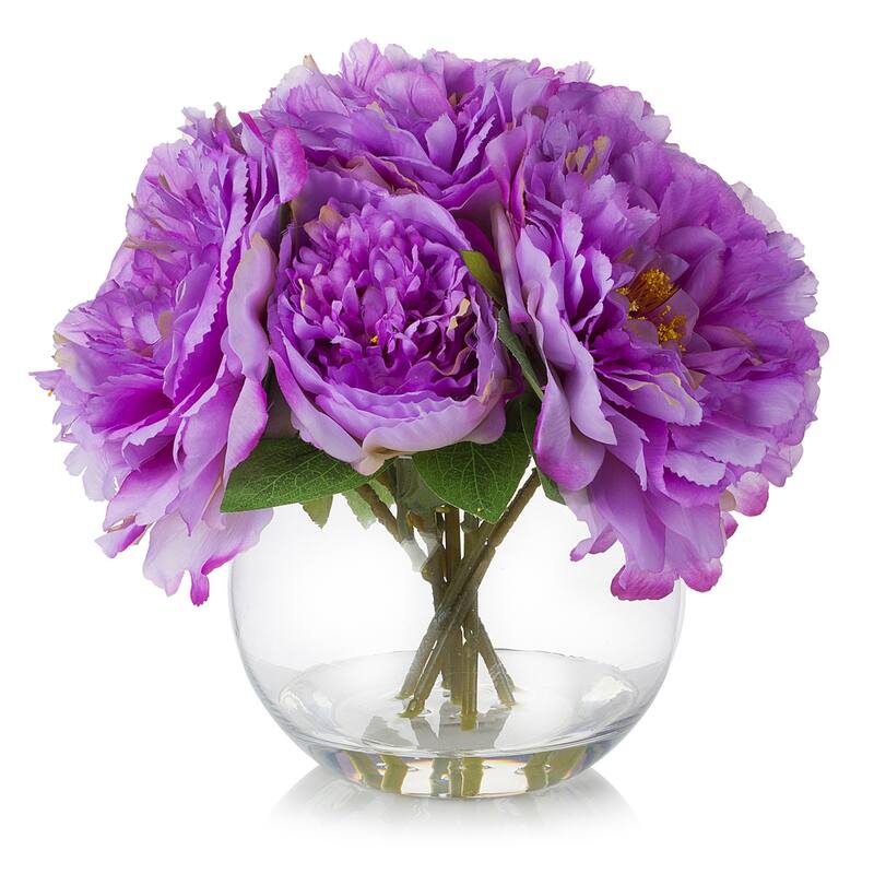 Enova Home Artificial Silk Peony Fake Flowers Arrangement in Round Glass Vase with Faux Water - 10"H x 10"W