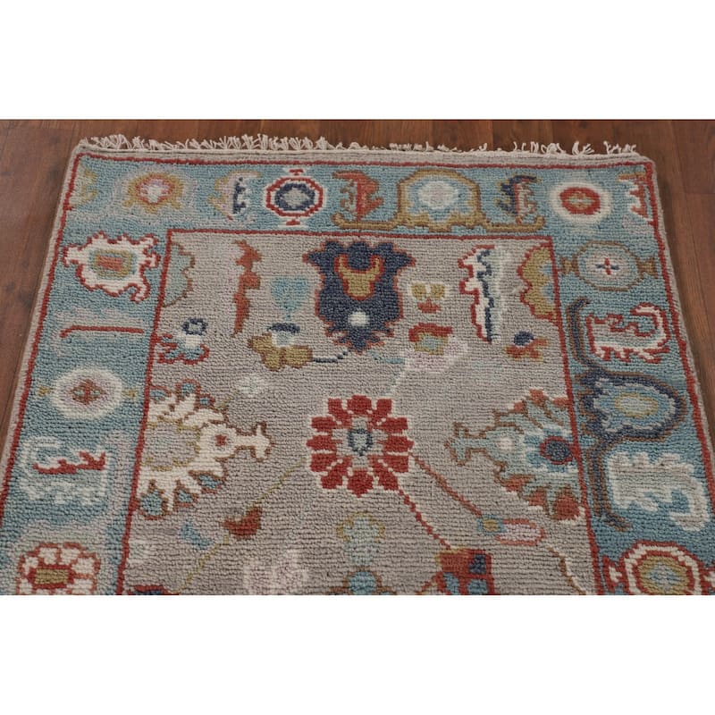 Floral Gray Oushak Oriental Runner Rug Handmade Wool Carpet - 2'7"x 7'11"