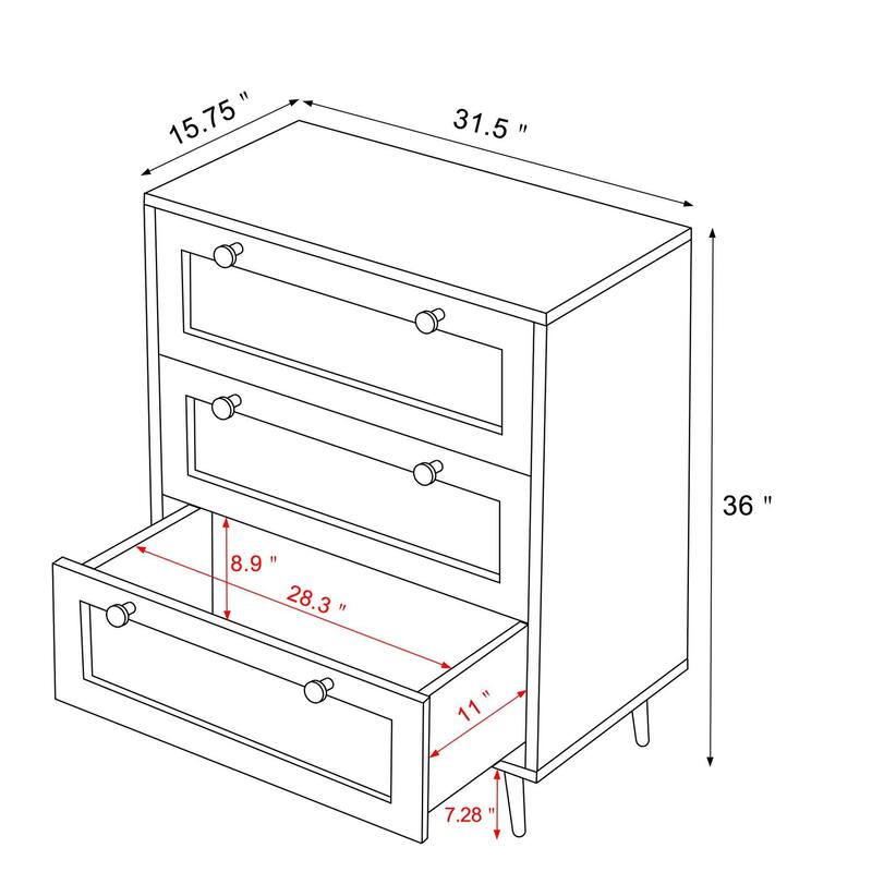 3Drawer Bedroom Dresser Chest of Drawers Farmhouse Rattan Dresser