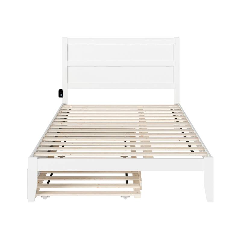 Twin XL Trundle Bed with Charging Station - HomeStock Platform Bed Frame - White Finish