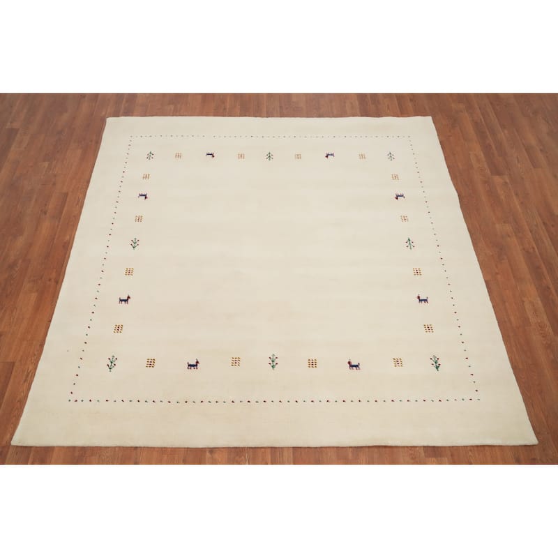 Hand Knotted Oriental 100% Wool Carpet Tribal Animal Pictorial Beige & Ivories Gabbeh Area Rug - 6' 6'' X 6' 6''