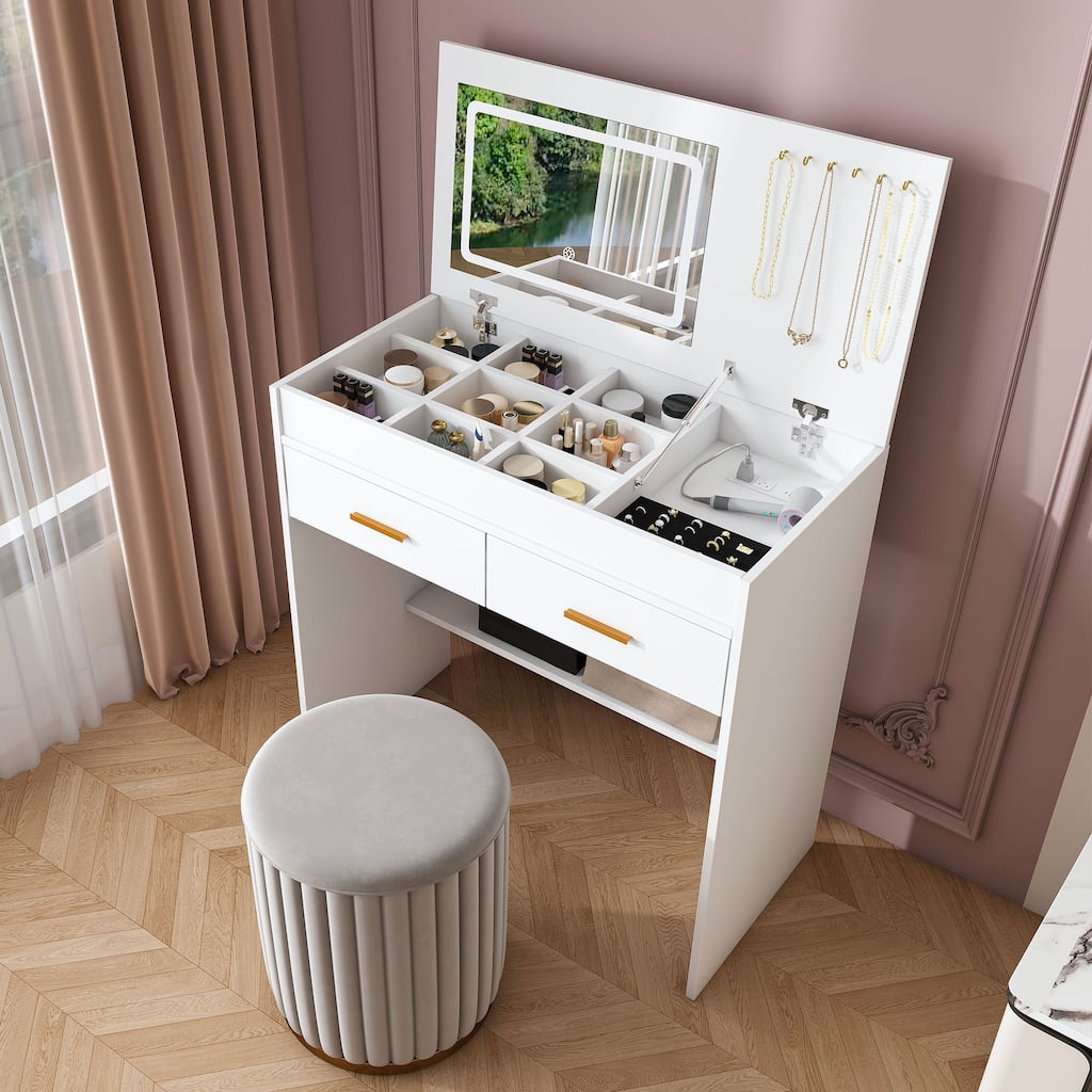 White Makeup Table Vanity Desk with Flip-down LED Mirror & Power Outlet