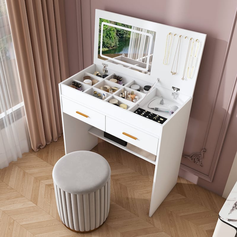 White Makeup Table Vanity Desk with Flip-down LED Mirror & Power Outlet - White