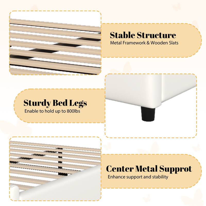 Bedroom Platform Bed Frame with Butterfly-Shaped Headboard, PU Leather Upholstered Bed with Gold Accents