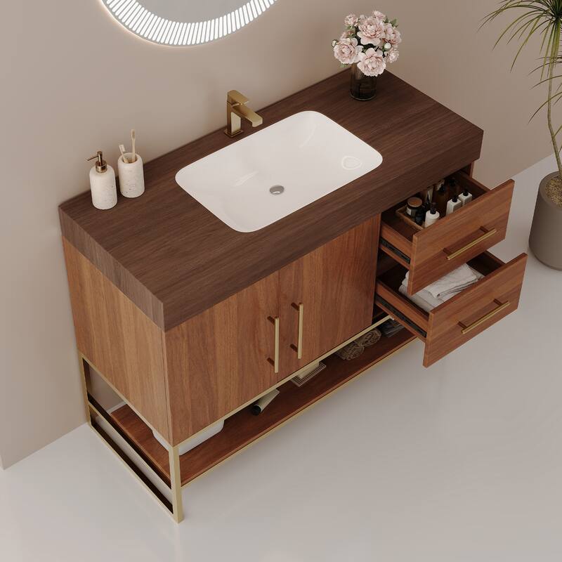 GDFStudio - Luxury 36" Freestanding Sintered Stone Bathroom Vanity with Seamless Ceramic Sink, Open Storage & Soft-Close Drawers